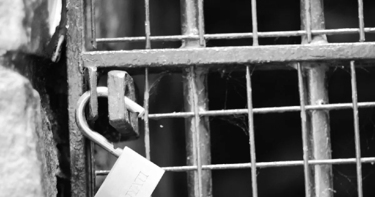 Black-and-white photo of an open padlock hanging from the latch of a metal grille gate