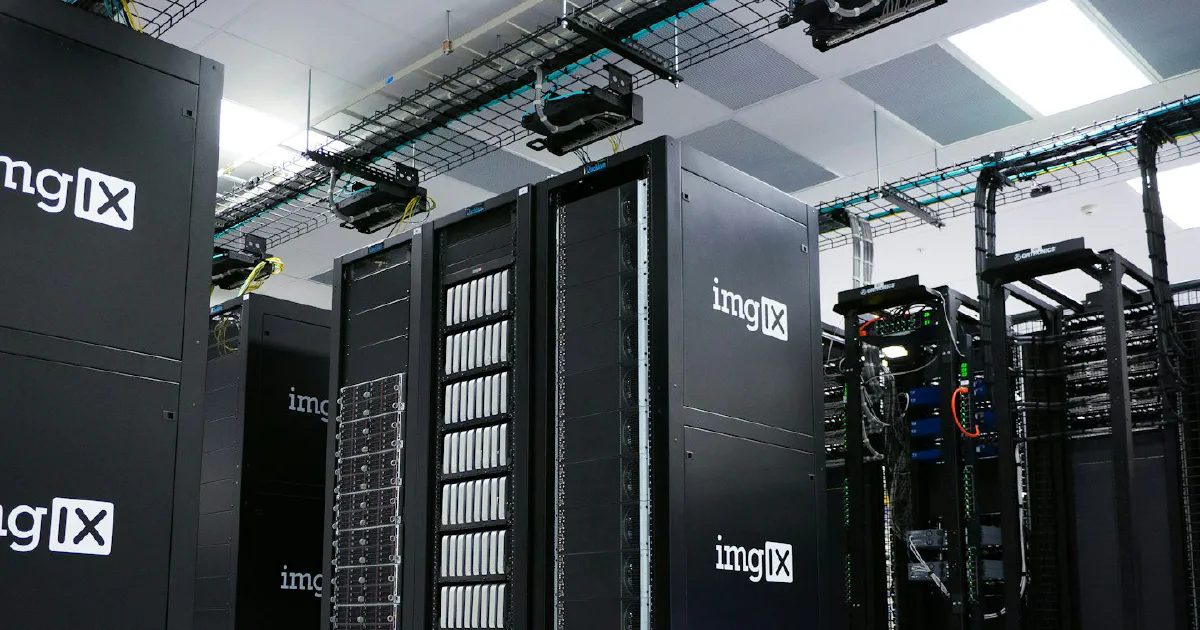 Rows of server racks in a data center