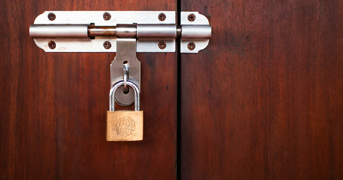 Brass padlock hanging from a metal slide bolt across the seam of two dark wooden door panels