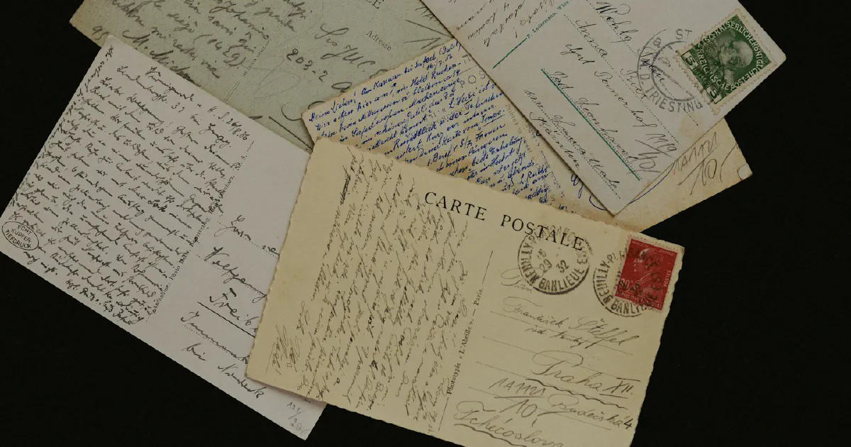 Five vintage handwritten postcards with stamps and postmarks spread on a black surface