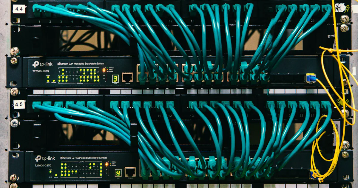 A rack of servers with network cables attached