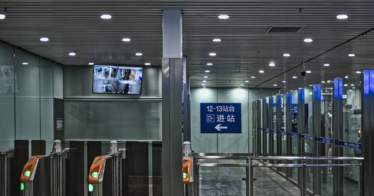 A row of gray metal fare gates with orange tops and green lights at a station entrance, with a blue sign in Chinese characters and an arrow, a wall monitor, and glass barriers to the right